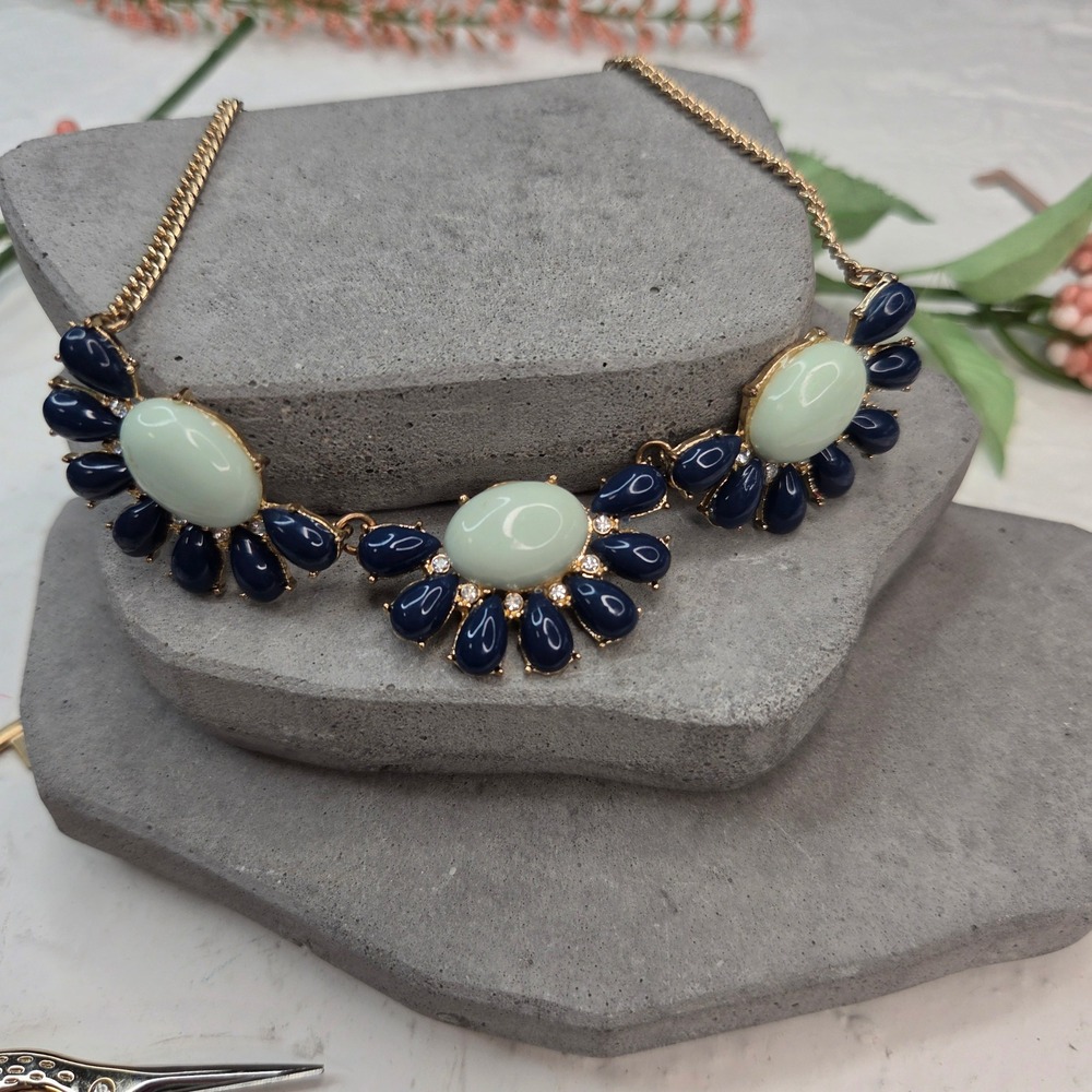 Lauren Conrad Navy Blue Mint Green Cabochon Bib Statement Necklace Gold Tone